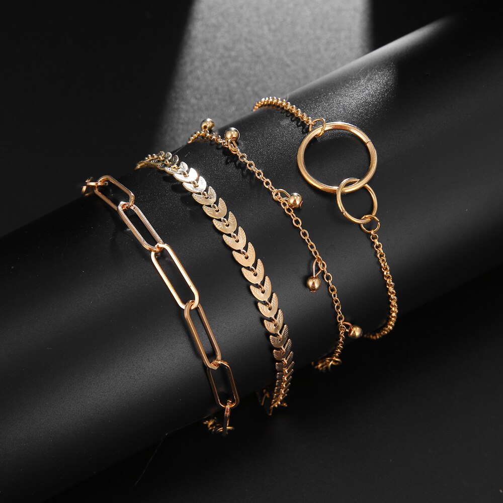 4 Stks/set Vintage Cirkel Grijpende Fishbone Ketting Armband Set Voor Vrouwen Punk Geometrische Dikke Ketting Armband Mode-sieraden