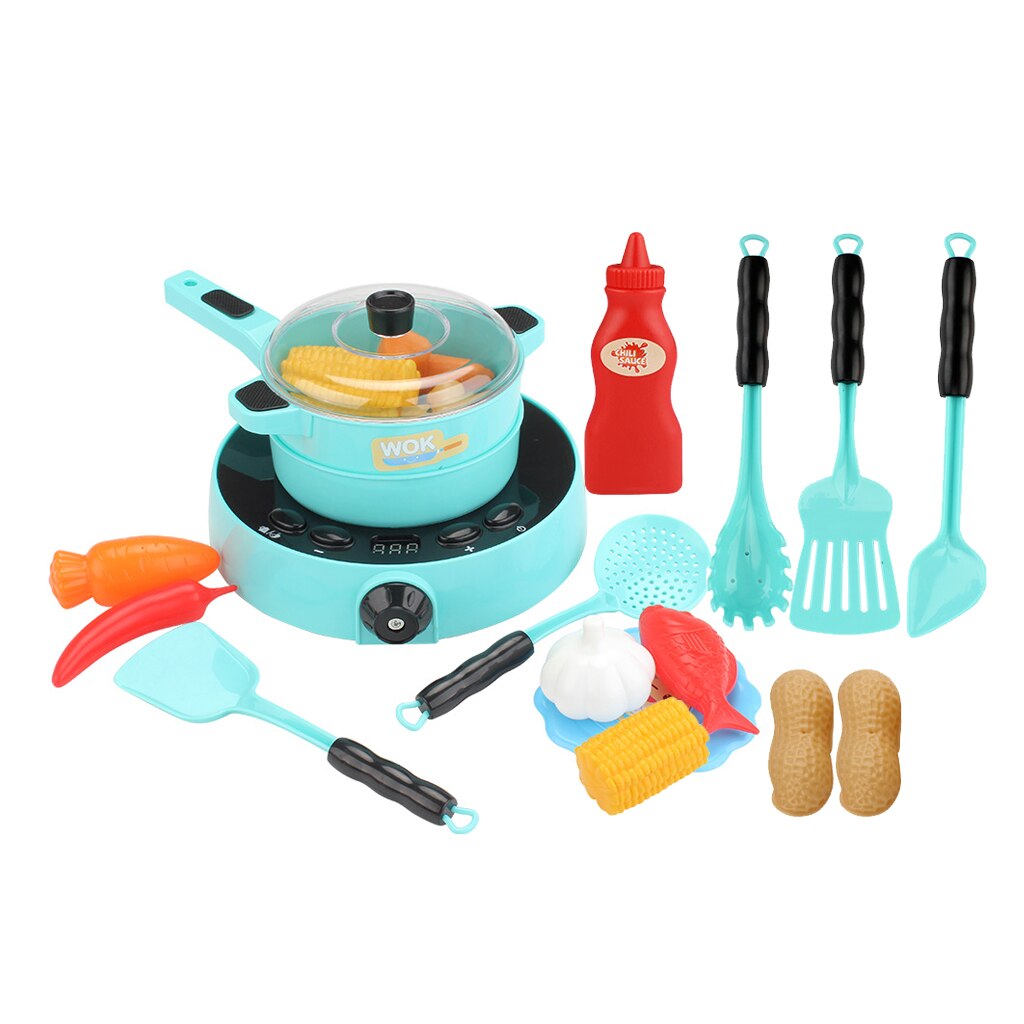 24PCs Pots And Induction Cooker Food for Kids Play Kitchen Accessories: Blue
