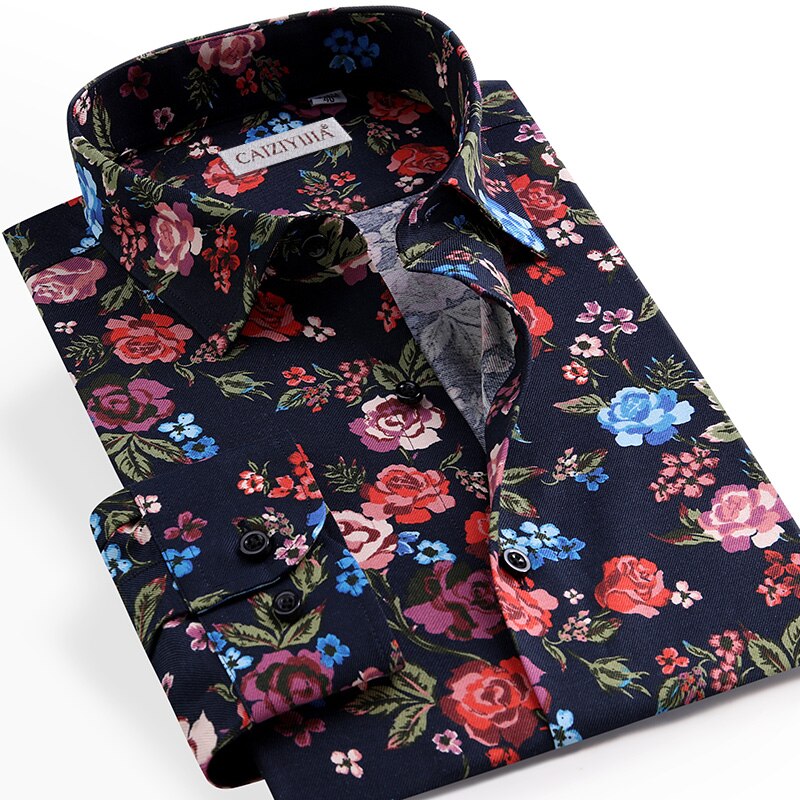 Männer Blumen Druck Shirt lässig Langarm Gedruckt Blume Hemden Kleid schlank passen