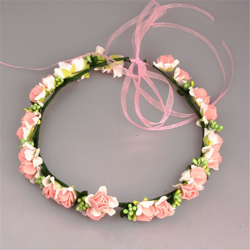 Women Wedding Artificial Flower Wreath Handmade Fabric Adjustable Wreath Head wear Flower Crown Bride Hair Accessories: Pink