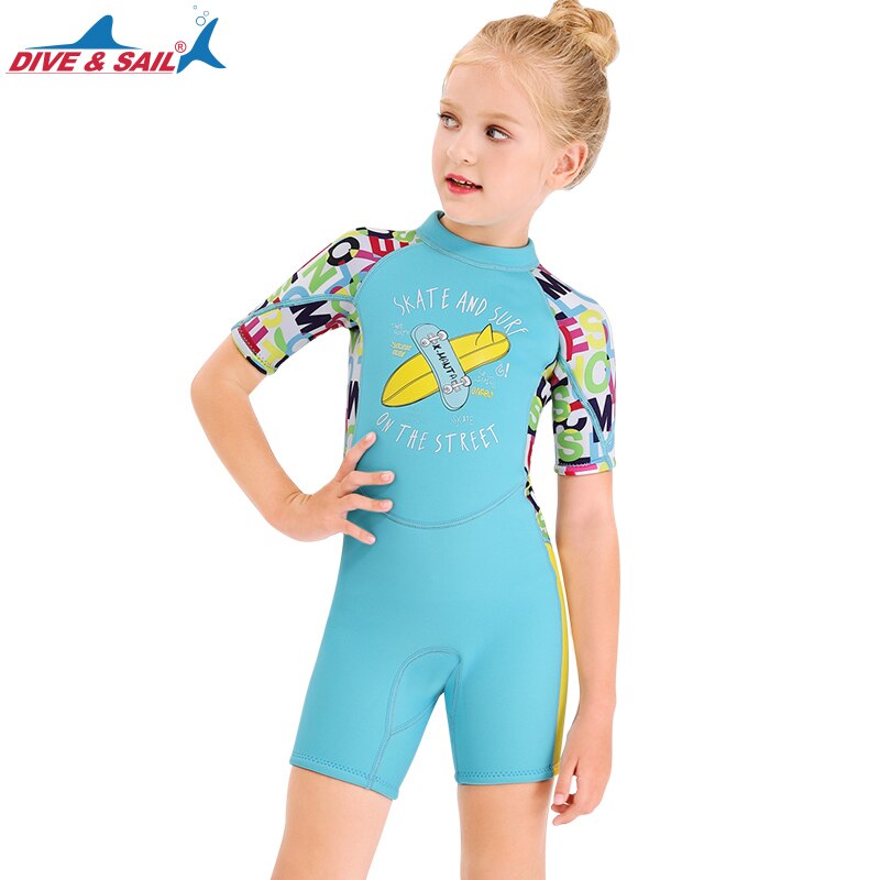 1set diving suit for kids 2.5mm Neoprene Shorty Wetsuit Swimming Boys Girls Sunscreen Surfing Scuba Diving Wet Suit Snorkeling