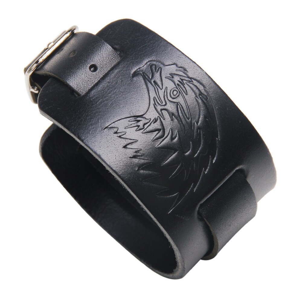 Voq Punk Reliëf Ambachtelijke Adelaar Hoofd Armband Mannen Wide Lederarmband 2021New Creatieve Sieraden: Black