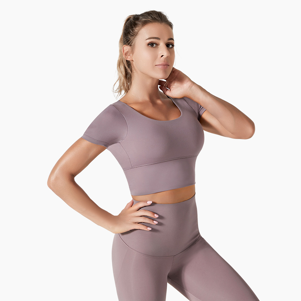 LEOSOXS Yoga Hemden trainieren offen zurück oben Langarm Ernte oben Frauen Frühling Herbst Fitnessstudio überqueren zurück Sport Shirt Kurzarm: S / Braun
