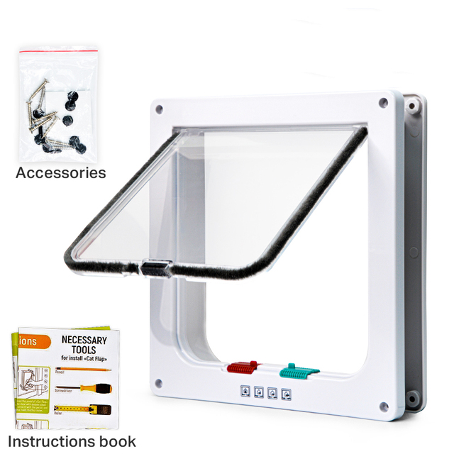Puerta inteligente para mascotas, cierre de seguridad de 4 vías, plástico ABS, con solapa, interruptor controlable de dirección, para perros y gatos: White / XL 28x25x5.5cm