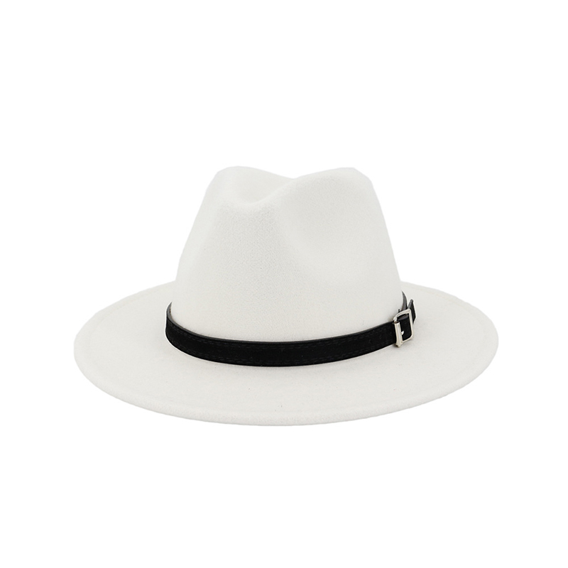 FS White Fedora Hat For Women Felt Hat With Belt Buckle Vintage Wool Wide Brim Jazz Cap Men Panama Hat 17 Colors: White fedora