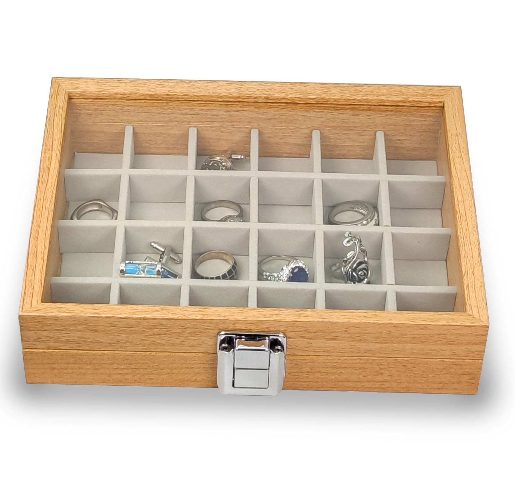 Caja guarda gemelos, anillos ,sortijas ,24 espacios madera