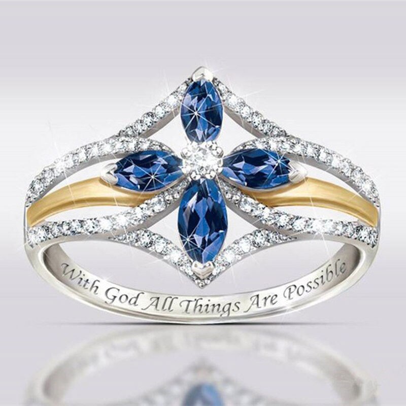 Mariage Wedding Cross Ringen Voor Vrouwen Mode Blue Crystal Zircon Engagement Rings White Gold & Geel Goud Kleur Bruiloft Sieraden