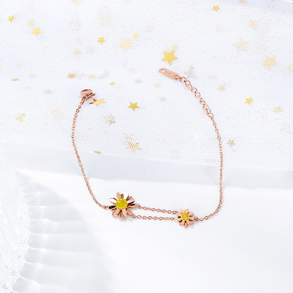 Lokaer Stainless Steel CZ Crystal Sun Flower Daisy Charm Bracelets Bohemia Link & Chain Bracelet For Women Girls B17089