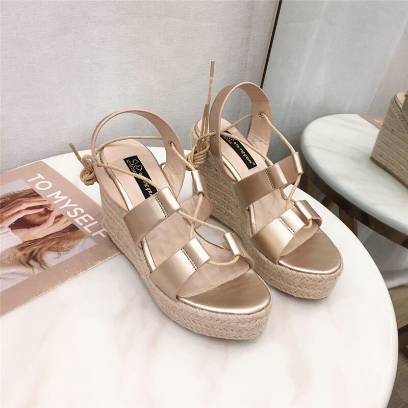 Summer Women Lace Up Platform Sandals Gold Nude High Heels Wedge Sandals Peep Toe Cork Sandals Party Shoes