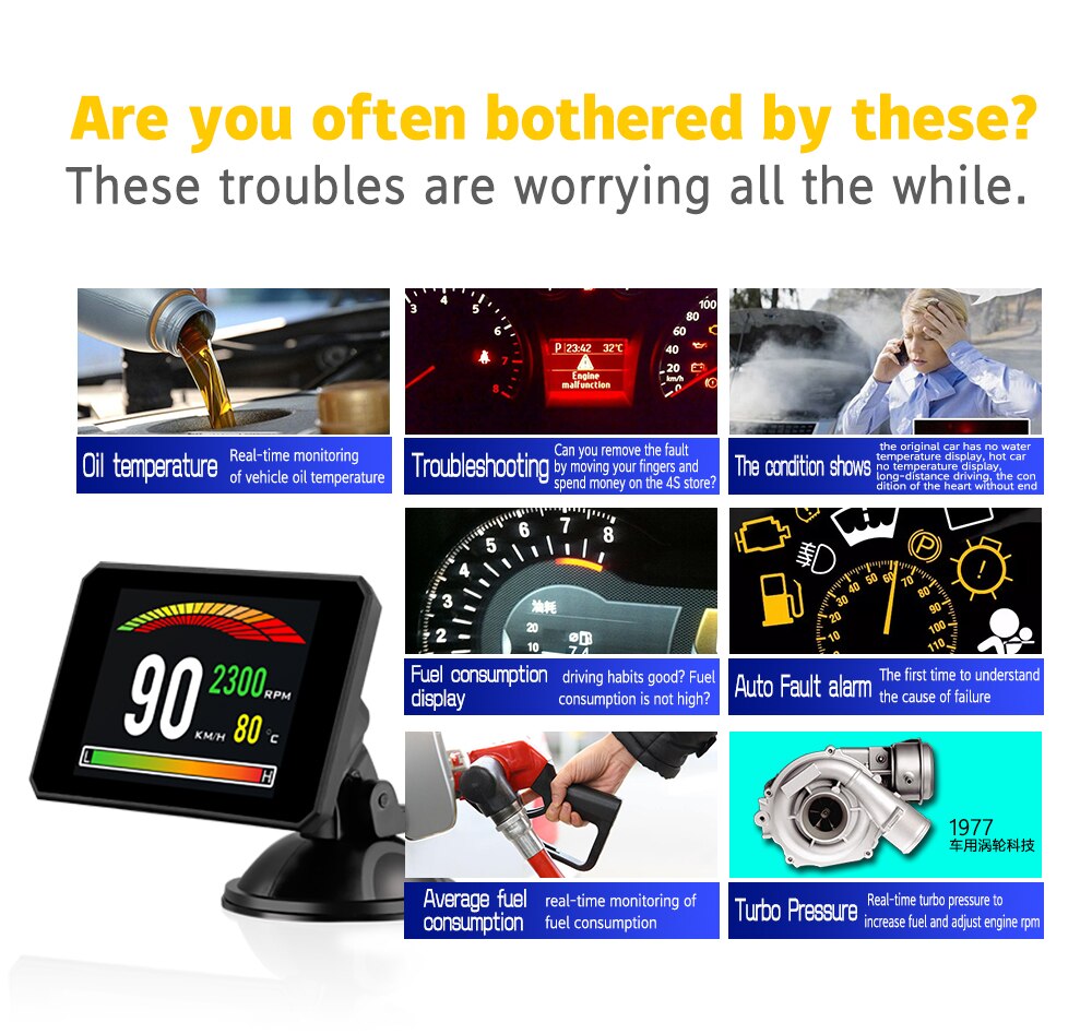 HUD – affichage tête haute, affichage numérique de la température de l'eau et de l'eau, T816, OBD, affichage GPS, affichage de la consommation de carburant, jauge de projecteur de vitesse