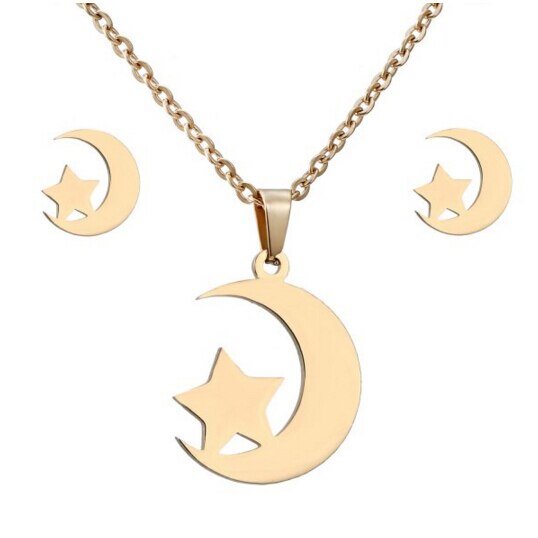 Rinhoo animal horse dragonfly Elephant Pendant necklace Earrings set Women Gold color Stainless Steel jewelry Set: moon