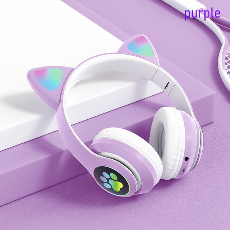 Flashing LED Cute Cat Wireless Headphones with Microphone Women HiFi Stereo RGB Music Phone Bluetooth Headset: purple