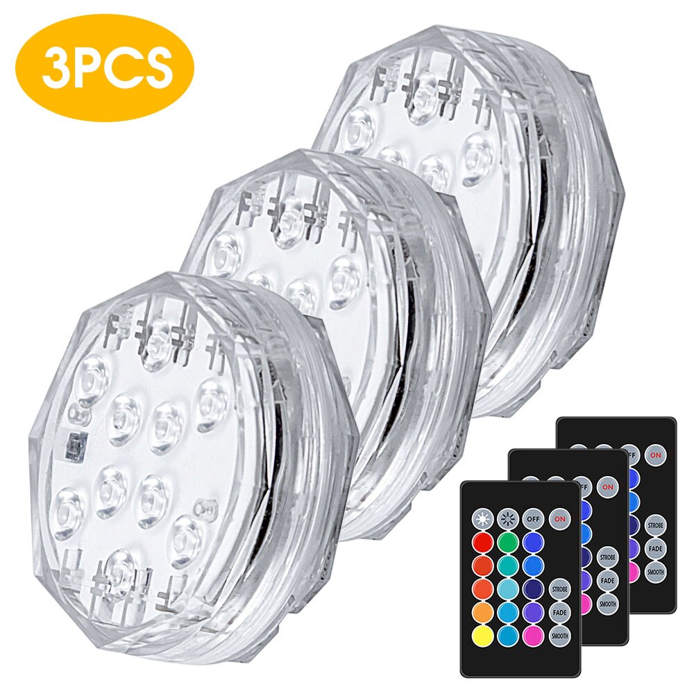 10Led RGB Remote Control Underwater Lights Waterproof Swim Pool Light Submersible Light Decorative Night Lamp Pool Equipment: 3Pcs