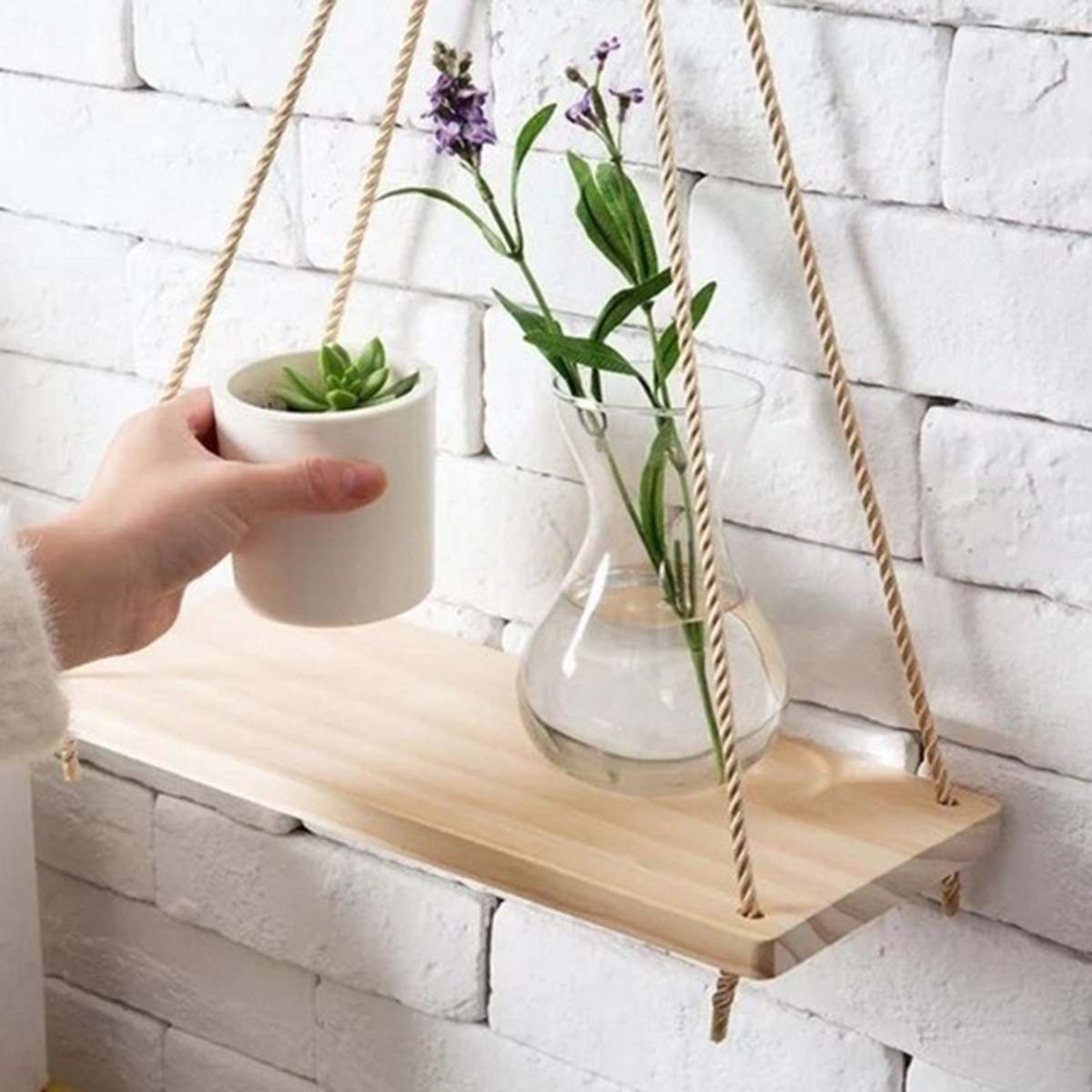 Wooden Wall Shelf Hanging Swing Rope Floating Shelves Jute Rope Hanging Green Plant Display Rack Shelf Organizer DIY Home Decor