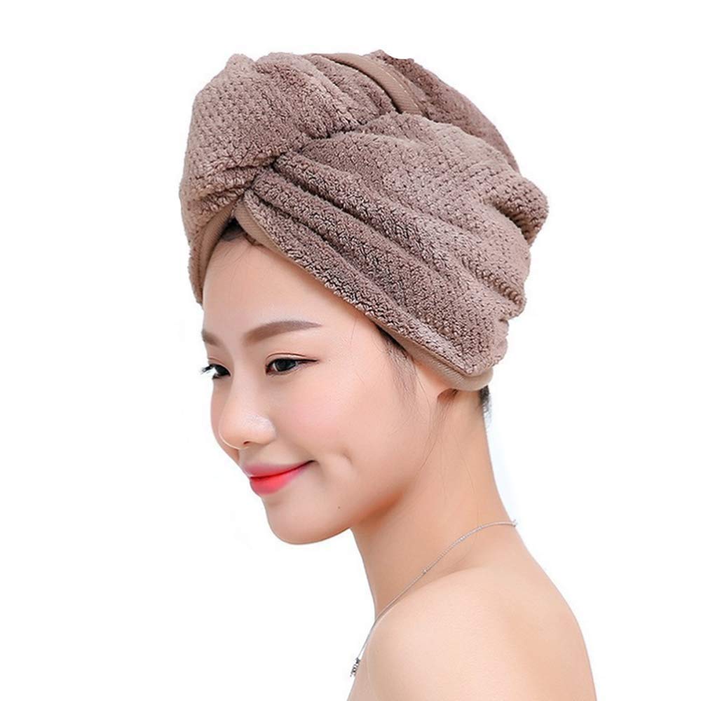 Quick Dry Head Shower Cap Protect Hair From Hair Dryer Towel Hair Wrap Soft Microfibre Bath Turban Has Button Loop Keep Securely: Brown