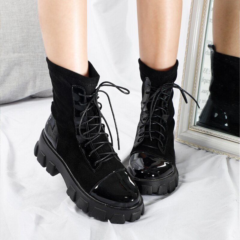 Vrouwen Sok Laarzen Pu Lederen Dames Platform Enkellaars Vrouwelijke Slip Op Flock Ronde Neus Schoenen Kantoor Voor Vrouw Botas mujer Mode