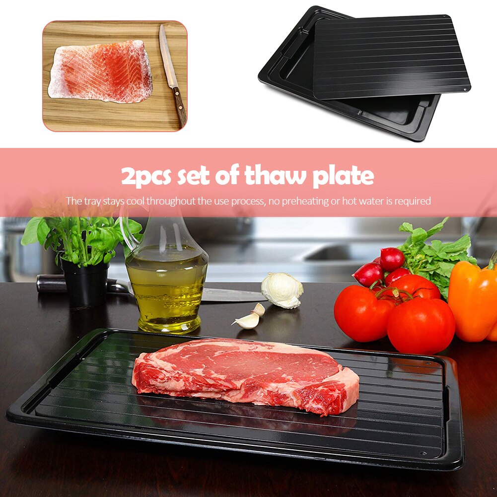 2pcs Fast Defrosting Tray Frozen Food Meat Defrost Plate Board Kitchen Tool Food Defrosting Tray Plastic Aluminum Safety Quickly