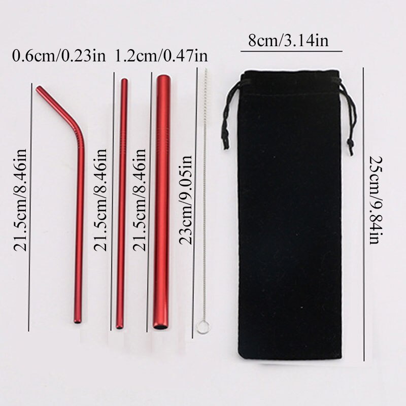 5PCS Reusable Metal Straw Eco Friendly 304 Stainless Steel Straw Cleaning Brush Pink Drinking Straws Bubble Tea Bag Pouch Set
