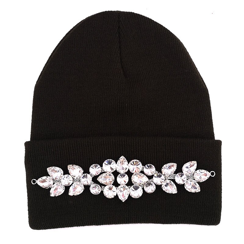 Vinter kvinder bomuld rhinestone beanies hatte damer elastiske strikkede beanies skullies hatte til femme varmt efterår motorhjelm ski caps: Sort