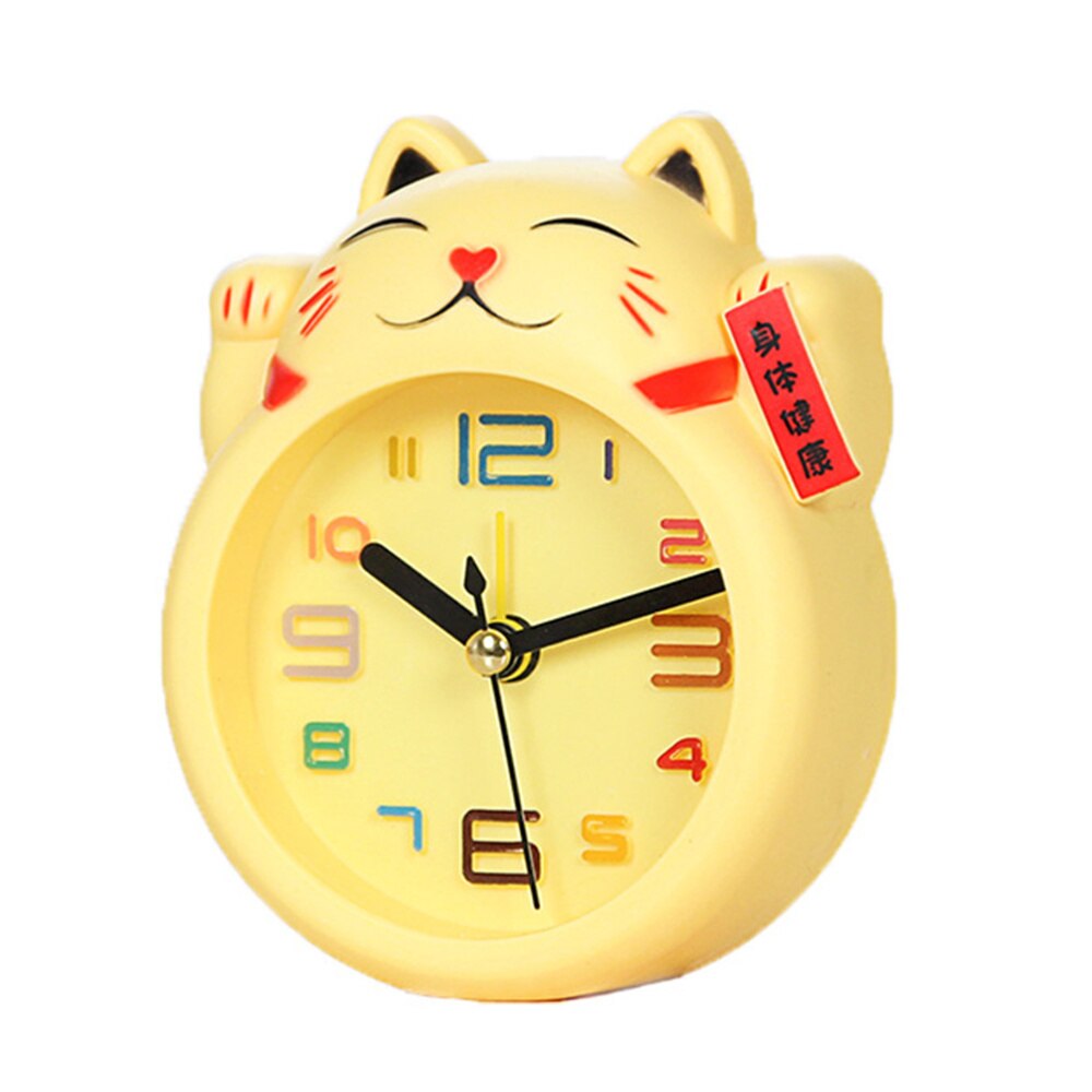 1pc Lucky Cat Alarm Clock Desk Clock Cute Cartoon Cat Shape Alarm (White without Battery Random Font Style): Yellow