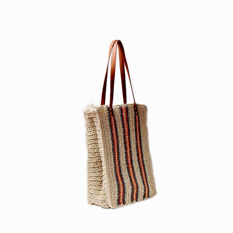 Décontracté femmes sacs de paille rotin Totes bande dames sacs à bandoulière tissé grande capacité sacs à main été Sac de plage: orange strip