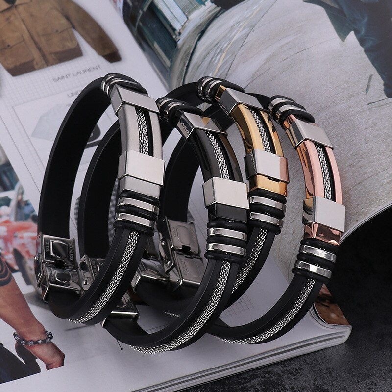 Stainless Steel Silicone Bracelet Men's Charm Metal Folding Buckle Bracelet Trend Jewelry