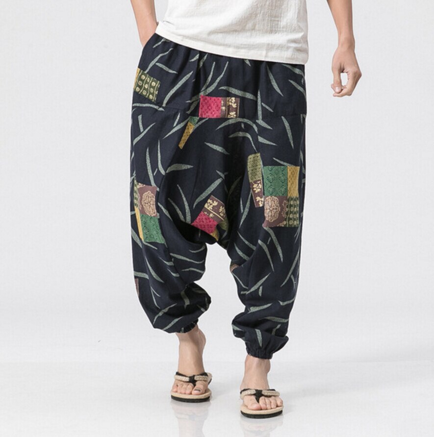 Harem Pants Hip Hop Aladdin Hmong Baggy Cotton Linen Harem Pants Men Women Plus Size Wide Leg Trousers Pants Cross-pants: Black / L