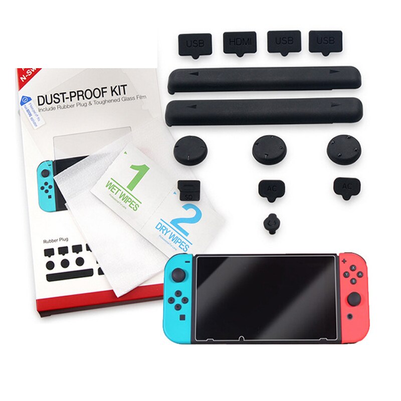 Protection Dustproof Mesh Jack Stopper Kit For Nintend Switch Console+HD Tempered Glass Screen Protector For Nintendo Switch NS