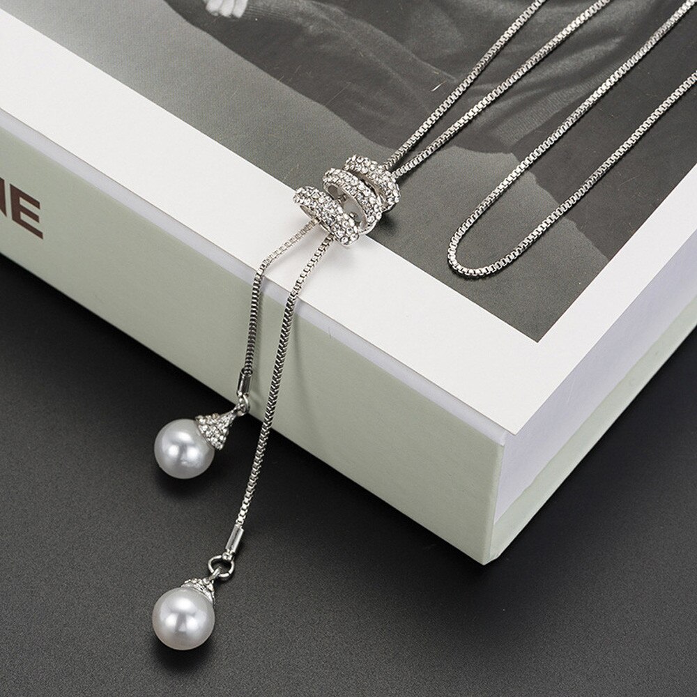 Sweater Coat Necklaces Ladies Girls Charm Crystal Pearls Pendant Necklace Long Sweater Chain for Womens Jewelry