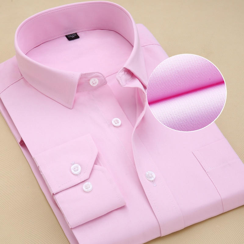 Long Sleeve Solid Pink Men Dress Shirts Slim Fit Casual Social Shirt Male Clothing Asian Size XL / 41