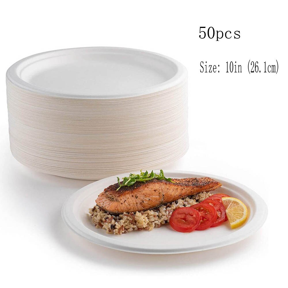 50 Disposable Plates Paper Heavy-Duty Tableware Compostable Plates Natural Sugarcane Bag-Like Fibers are 100% Biodegradable: 10in