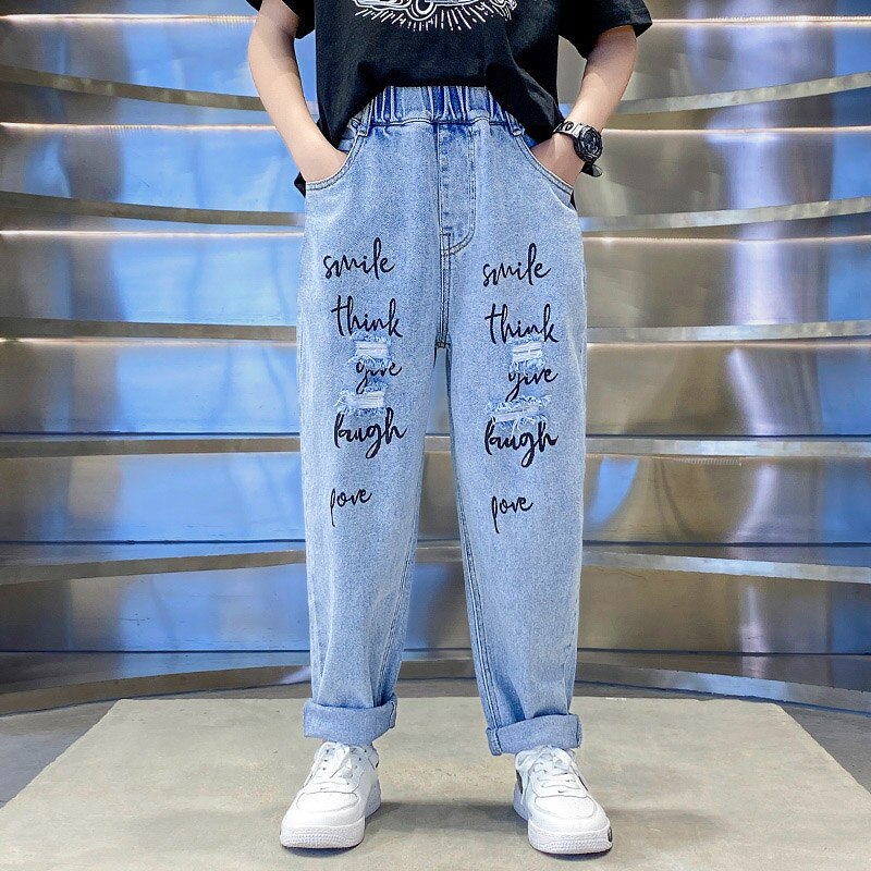 Pantalones vaqueros azules para niños, ropa de calle con letras rasgadas y agujeros, largos, lavados, para verano, 8, 10, 12 y 14 años