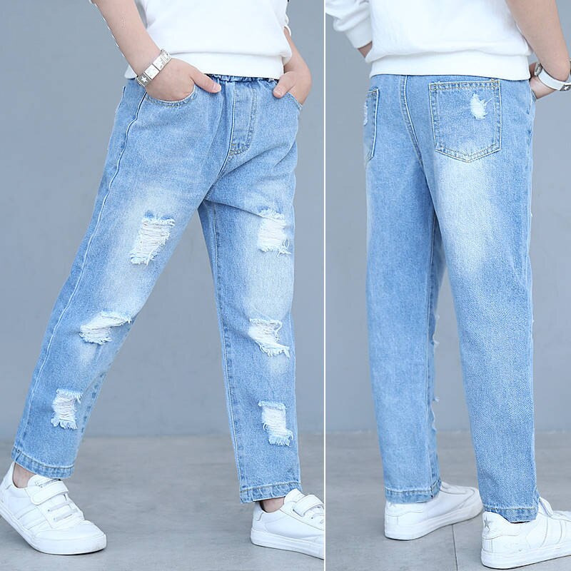 Forår sommer børn drenge revet hul afslappet jeans bukser børn løs denim bukser teenage lang bomulds legging  f147