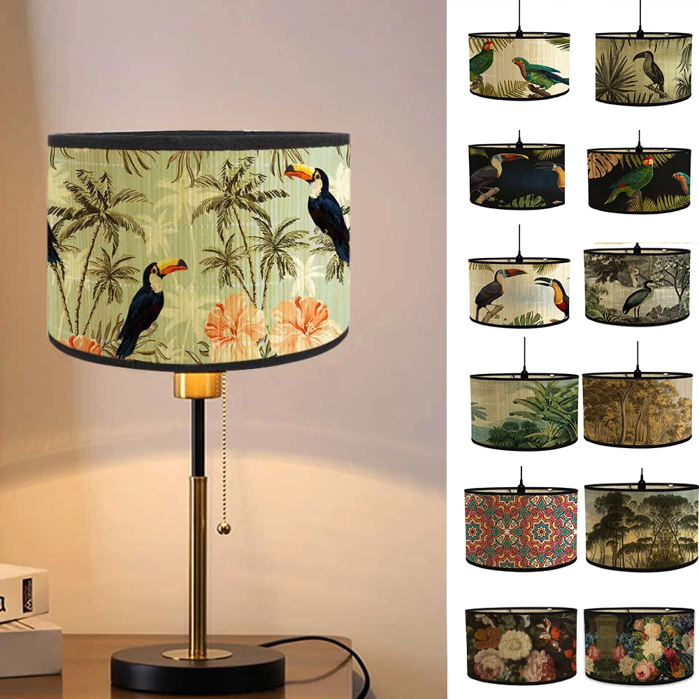 Nordische Trommel Lampen schirme Vintage Bambus Lampen abdeckung Blumen vögel Muster Tisch Stehlampen Pendel leuchte Cafe Home Homes tay Dekor