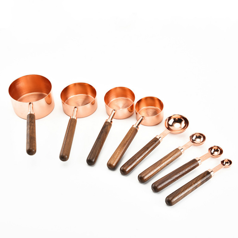 Manche en bois de noyer, plaqué cuivre, tasses à mesurer, cuillère à gâteau, ensemble d&#39;outils de sucre