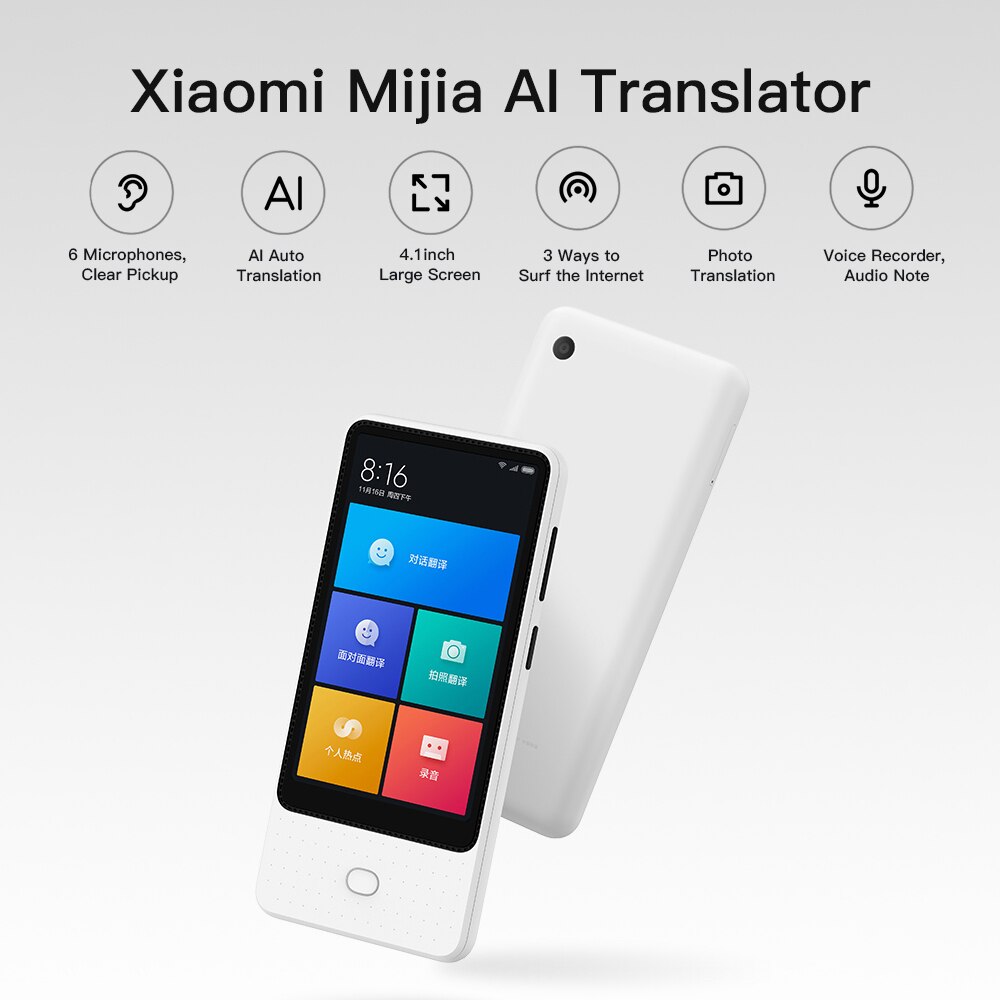 Xiaomi Mijia AI traducteur vocal enregistreur 1 + 8GB 18 langues 4.1 pouces écran tactile 6 Microphone en ligne caméra Photo traducteurs