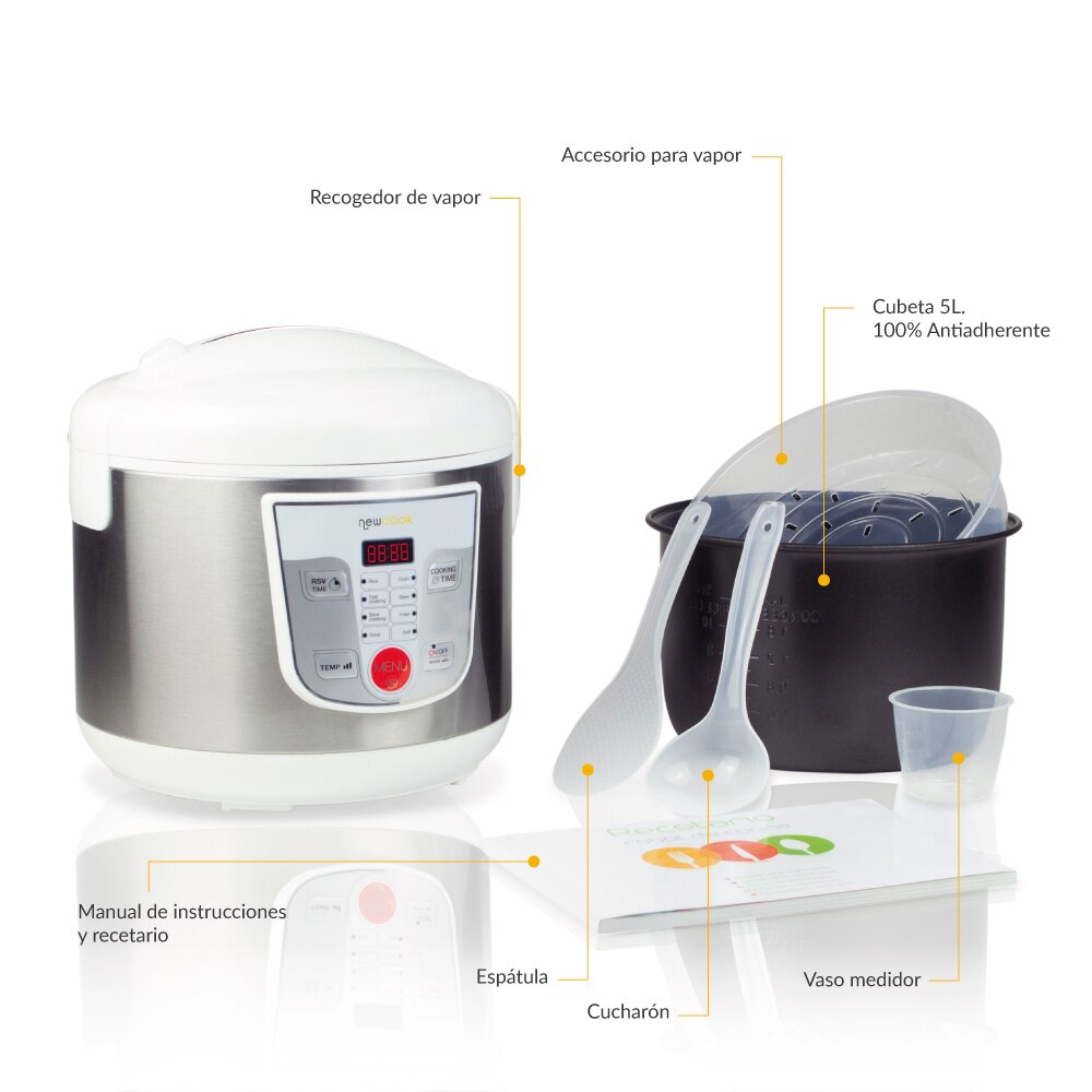 NEWCOOK Robot de Cocina Multifunción, Capacidad 5 Litros,8 Menús Preconfigurados. Incluye Cubeta Antiadherente. Blanco