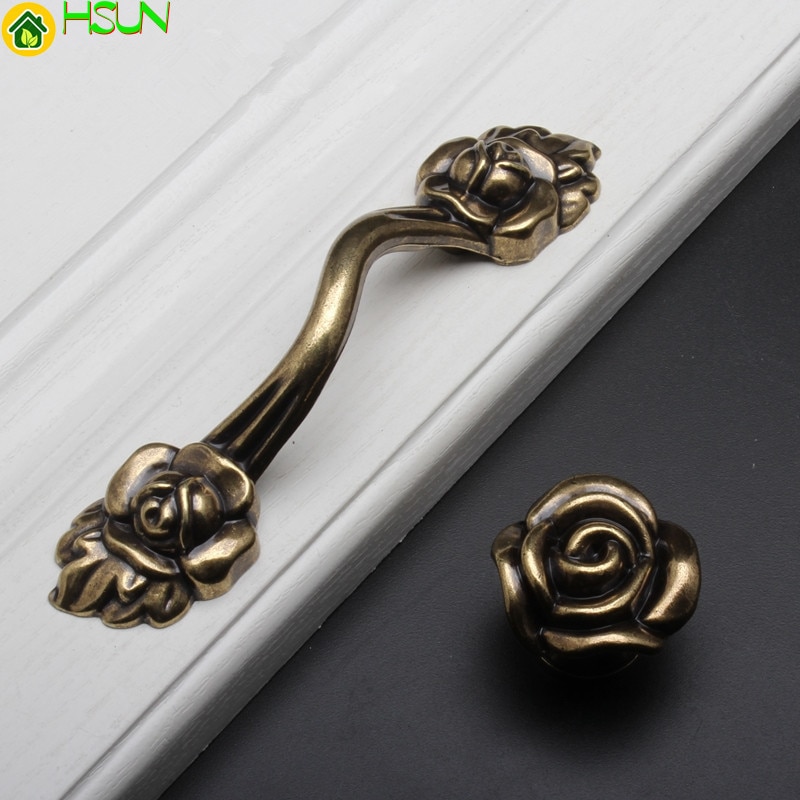 2 uds Rosa retro flor tiradores de tocador cajón tiradores bronce rústico cocina gabinete manija puerta tirador de mueble Hardware