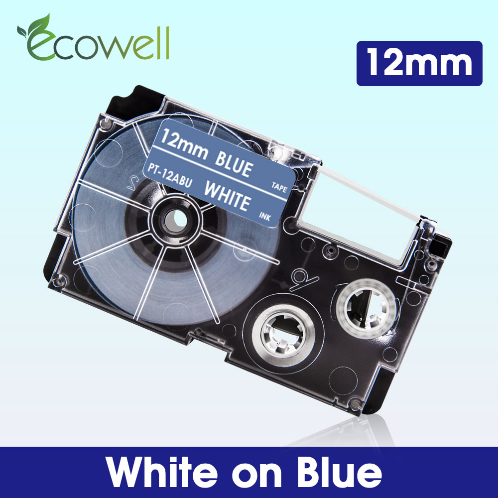 Ecowell 18Colors XR-12WE For Casio 12mm XR 12WE XR-12X XR-12RD XR-12BU XR-12YW XR-12GN label tape for Casio KL-60 KL-120 printer: White on Blue