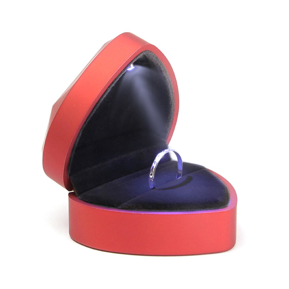 LED Light Wedding Ring Box Holder Marriage Organizer Heart Shape Display Velvet Ring Box Wedding Proposal Jewelry Storage: Red
