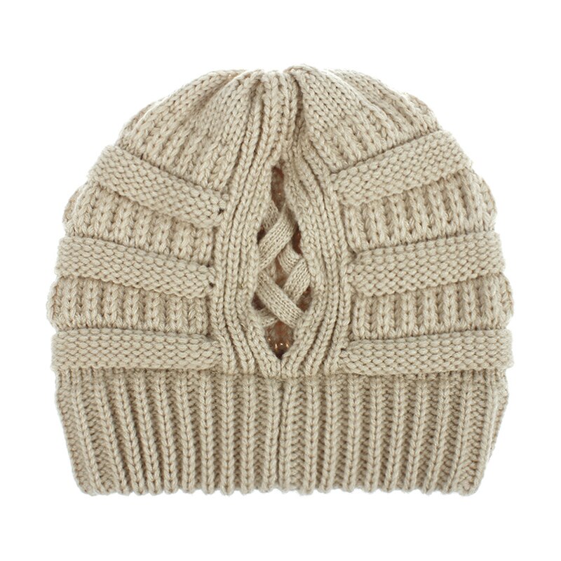 Gorro de cola de caballo para mujer, gorros tejidos para madre y niña, gorros gruesos y cálidos, gorras de color liso: 4