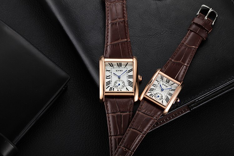 Eyki Brand Couple Tables Lovers Watch Formal Leather Strap Square Dial Waterproof Quartz Watch Women Clock Wrist Watches For Men