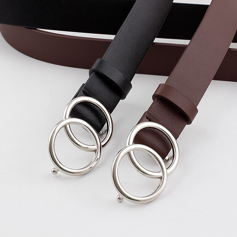 Cinturón con hebilla de doble anillo para mujer, Vintage informal, hebilla plateada que combina con todo, cinturilla de cuero artificial, novedad de
