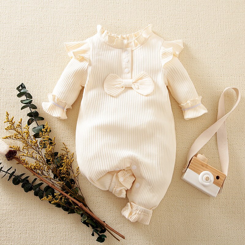 Hibobi Baby Girl Bow Knot Ruffle Jumpsuit Long Sleeve Jumpsuit Cotton Bodysuit: white / 12M