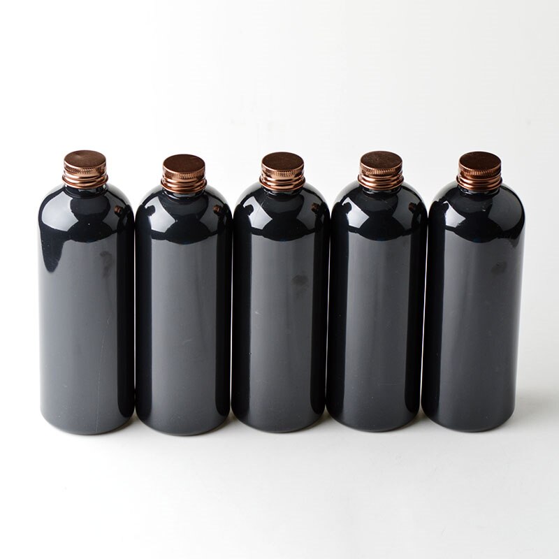 4 stk/partij 300 ml Zwart Plastic Spray Flessen met Fijne Mist Spuit Shampoo Douchegel hervulbare fles ondersteuning logo afdrukken: with bronzelid