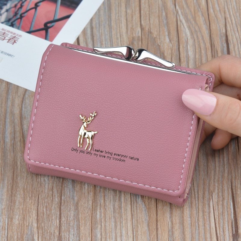 Leuke Herten Vrouwen Mini Portemonnee Korte Lederen Portemonnee Meisje Vouwen Portefeuilles Clutch Pu Kaarthouder Dames Portemonnees Retro Portfel Damski: DarkPink