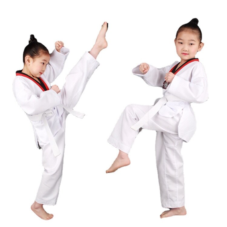 Uniformes de Taekwondo WTF para niños, Blanca para ropa de entrenamiento Karate, Judo, Taekwondo, Dobok, manga corta y larga, Unisex: long sleeve suit / L