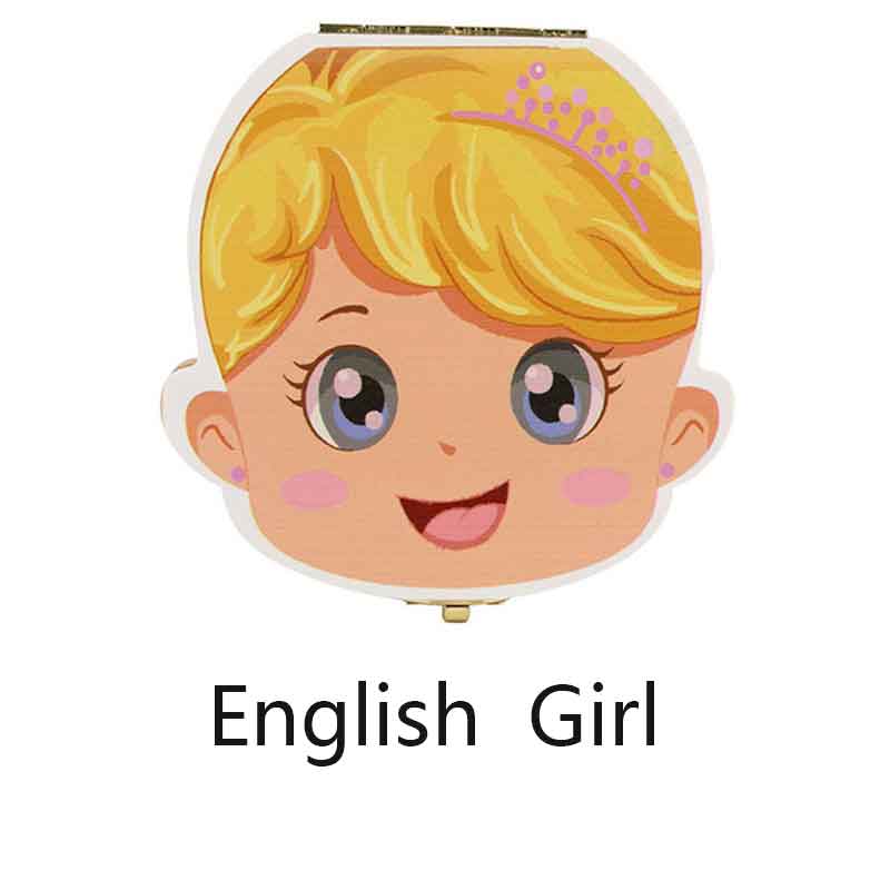 Tandkasse opbevaring souvenirs træ mælke-tænder-arrangør piger baby børn drenge russisk/fransk/spansk til drenge piger legetøj: Englishellowgirl