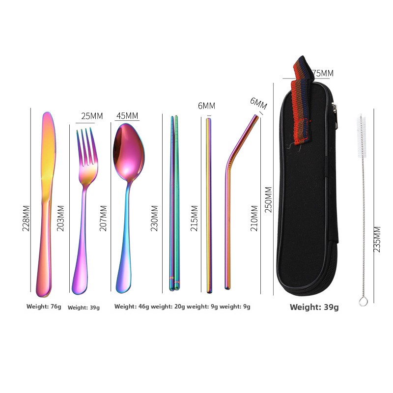 Vajilla portátil de acero inoxidable, vajilla occidental, palillos y pajitas, juego de cubiertos de viaje reutilizables, juego de utensilios para campamento: Castaño