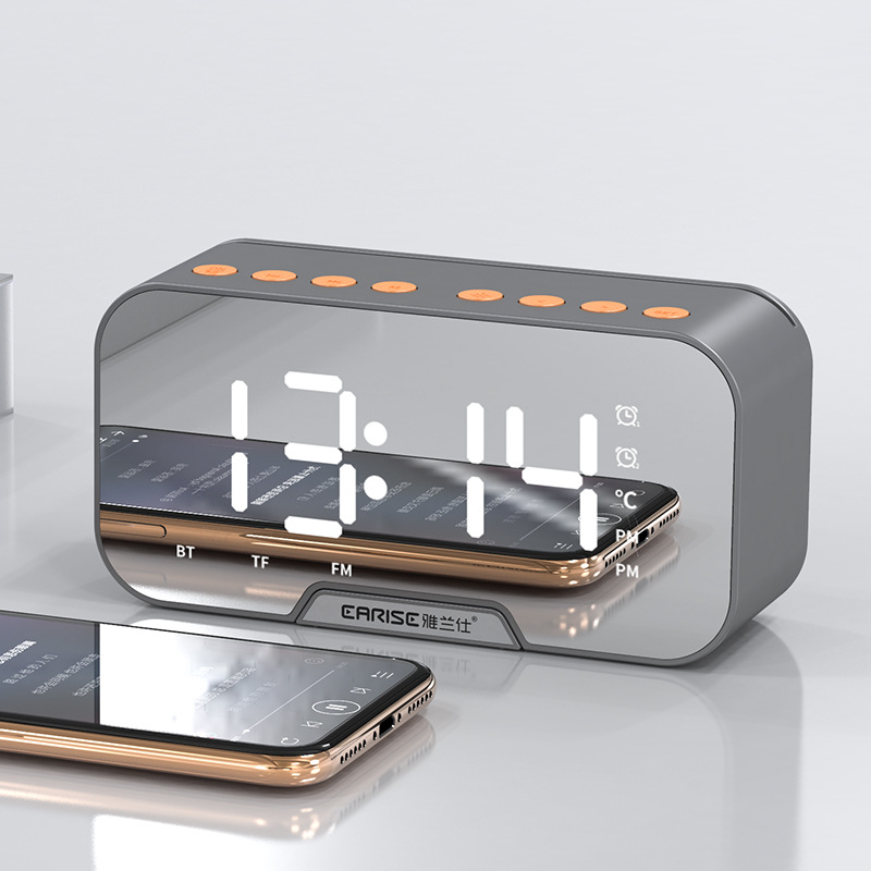 Digital fm radio alarm spejl multifunktion dual alarm mode elektronisk led bord ur trådløs bluetooth musikafspiller: Grå